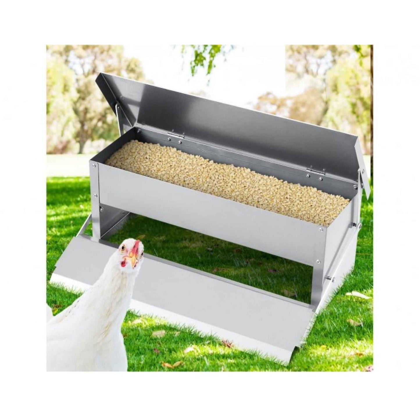 6.5L Automatic Chook Chicken Feeder Poultry Auto Treadle Galvanised Metal Coop - DogsDomain.com.au