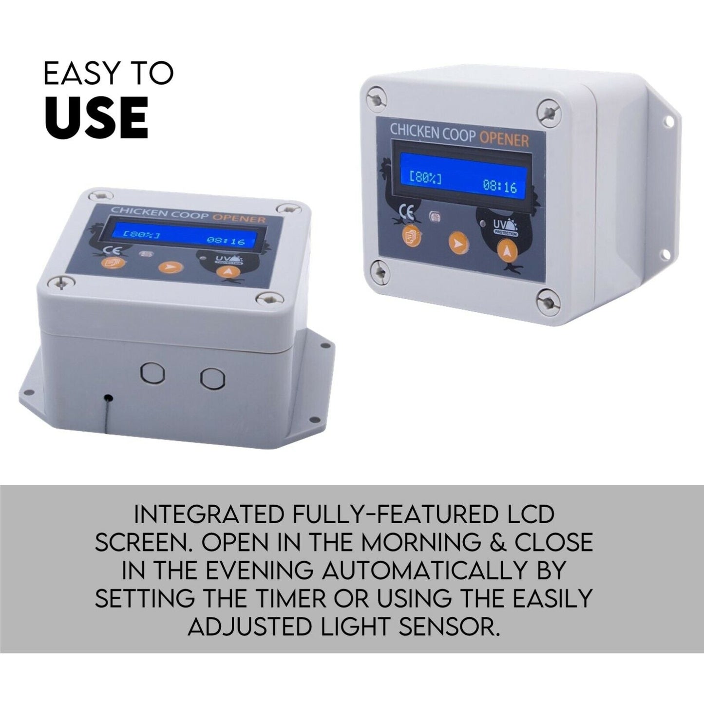 Chicken Coop Door with Digital LCD Screen to manage Timer and Sensor - DogsDomain.com.au