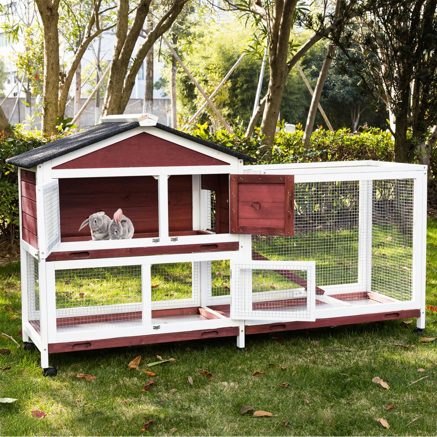 Double Storey Large Rabbit Hutch Guinea Pig Cage , Ferret Cage With Pull Out Tray On Wheels - DogsDomain.com.au