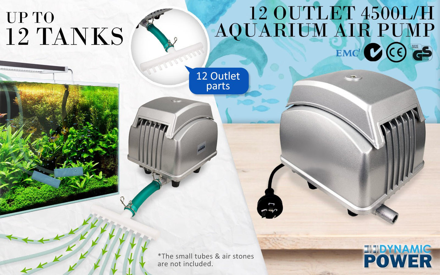 Dynamic Power Aquarium Air Pump Oxygen Hydroponic 12 Outlet 4500L/H 65W - DogsDomain.com.au