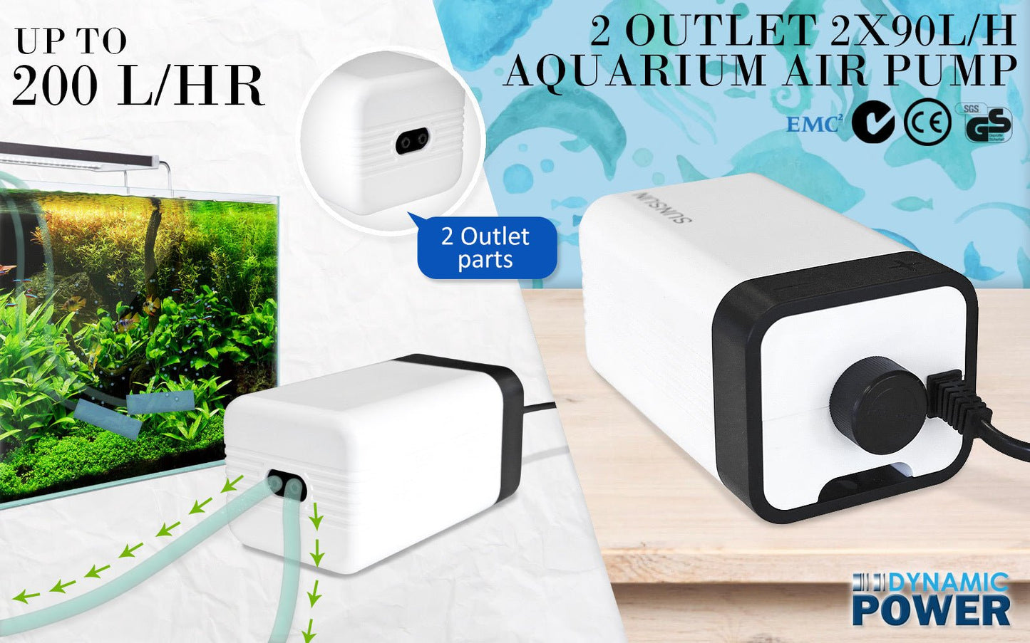 Dynamic Power Aquarium Air Pump Oxygen Hydroponic 2 Outlet 180L/H 4W - DogsDomain.com.au