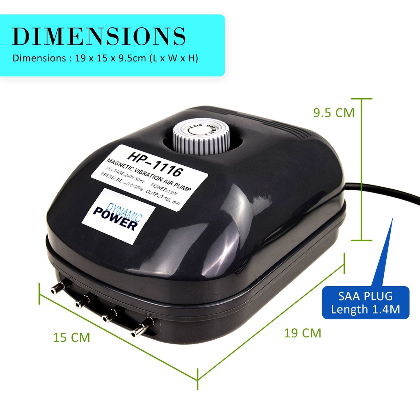 Dynamic Power Aquarium Air Pump Oxygen Hydroponic 4 Outlet 360L/H 13W - DogsDomain.com.au