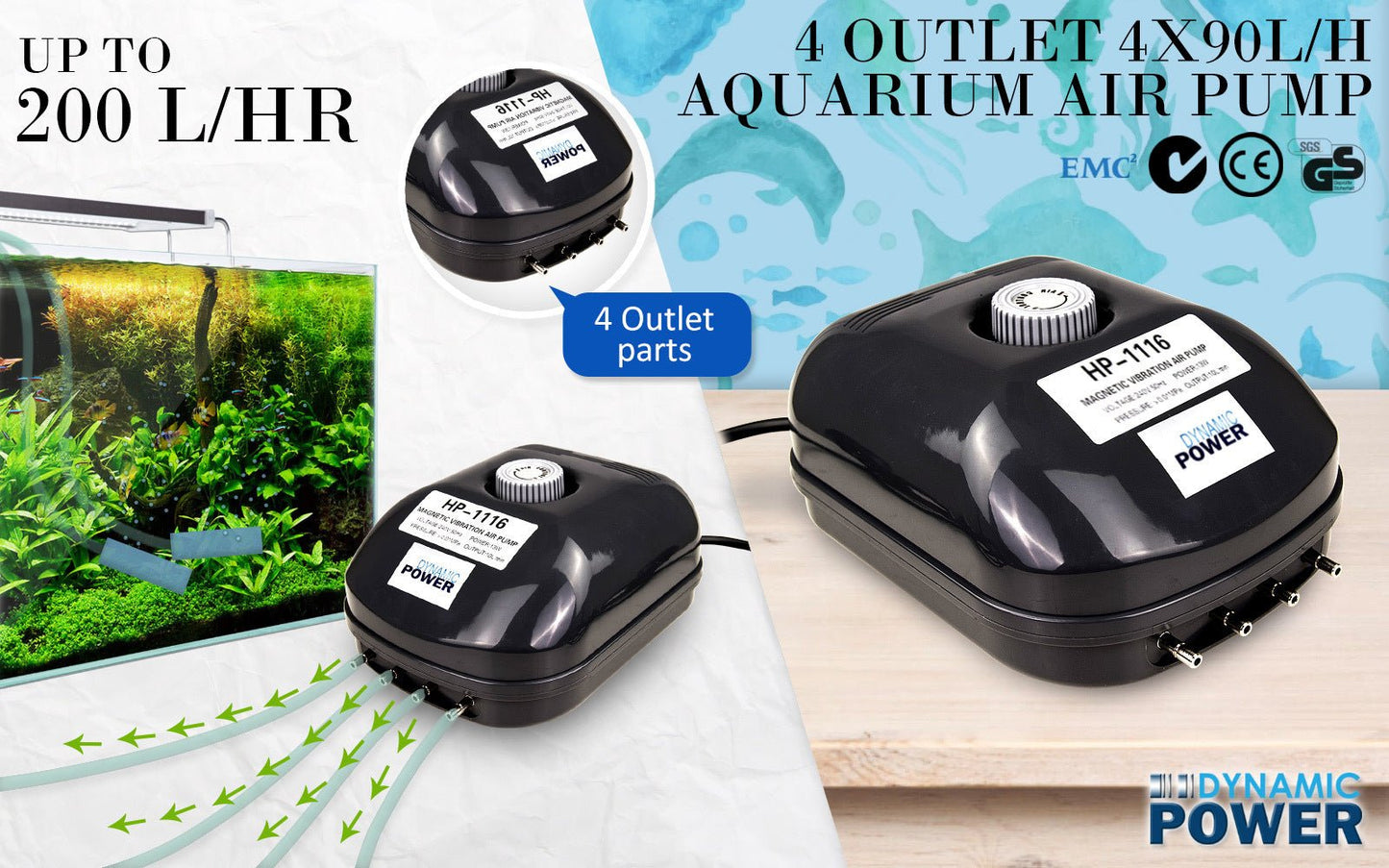 Dynamic Power Aquarium Air Pump Oxygen Hydroponic 4 Outlet 360L/H 13W - DogsDomain.com.au