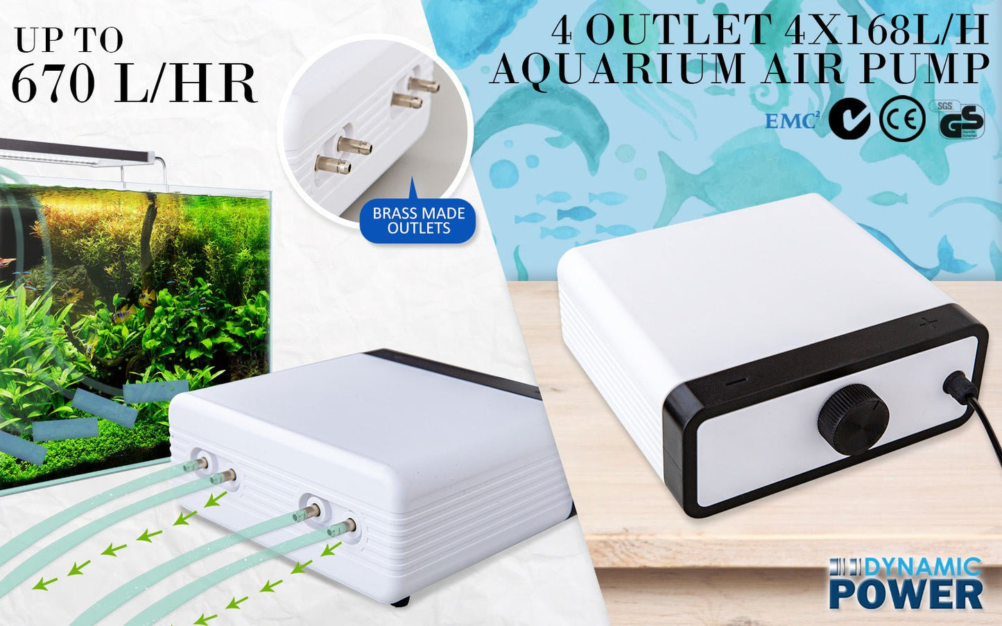 Dynamic Power White Aquarium Air Pump Oxygen Hydroponic 4 Outlet 670L/H 8W - DogsDomain.com.au