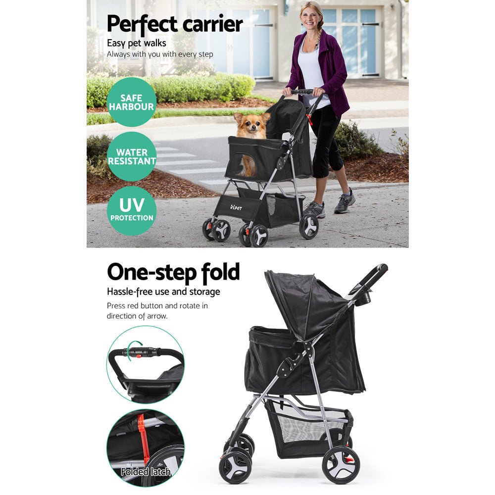i.Pet 4 Wheel Pet Stroller - Black - DogsDomain.com.au