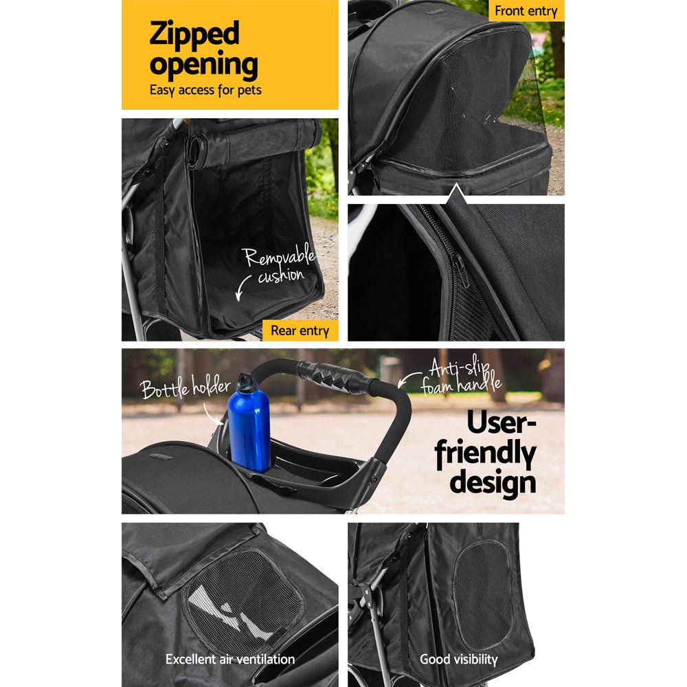 i.Pet 4 Wheel Pet Stroller - Black - DogsDomain.com.au