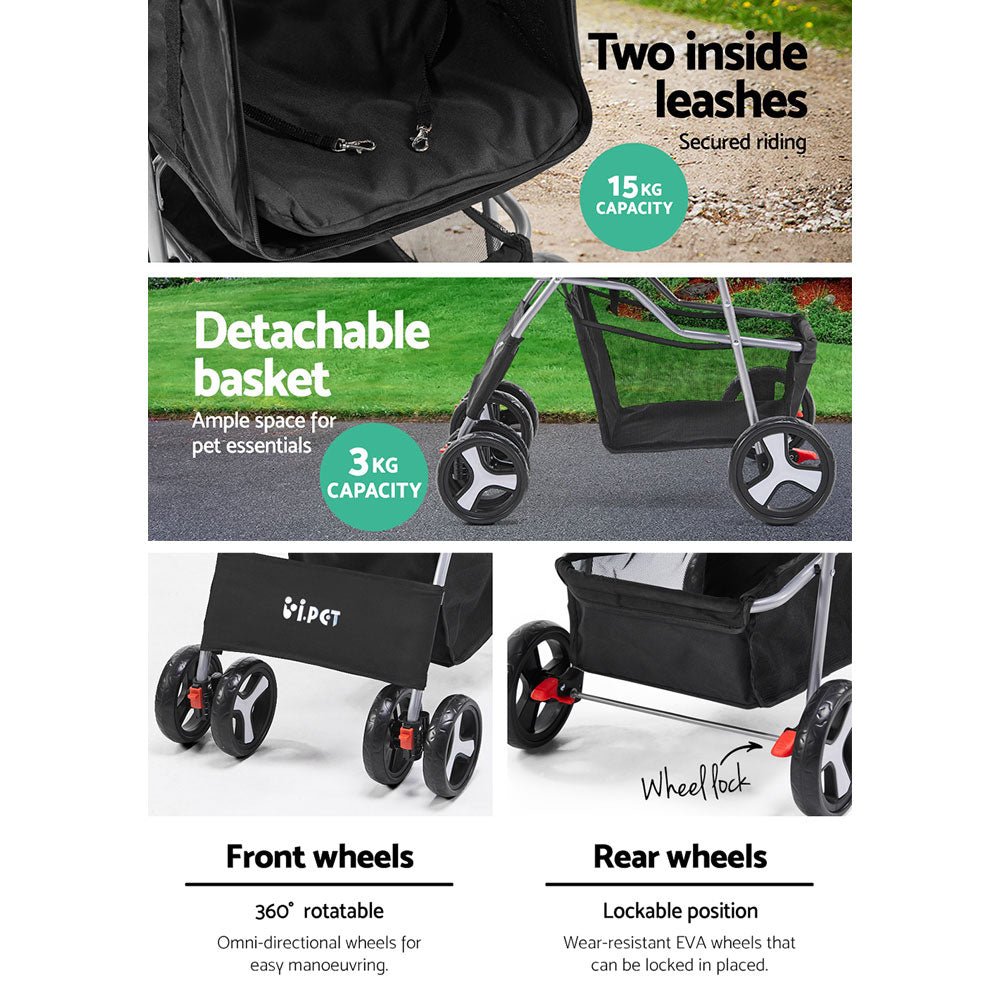 i.Pet 4 Wheel Pet Stroller - Black - DogsDomain.com.au