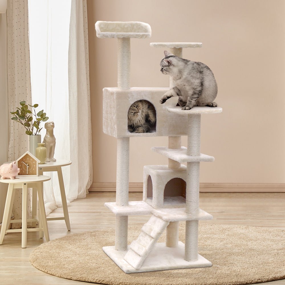 i.Pet Cat Tree 134cm Trees Scratching Post Scratcher Tower Condo House Furniture Wood Beige - DogsDomain.com.au