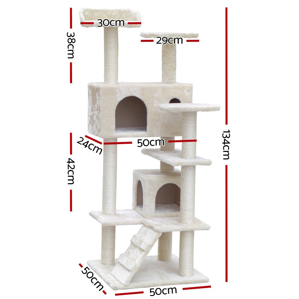 i.Pet Cat Tree 134cm Trees Scratching Post Scratcher Tower Condo House Furniture Wood Beige - DogsDomain.com.au