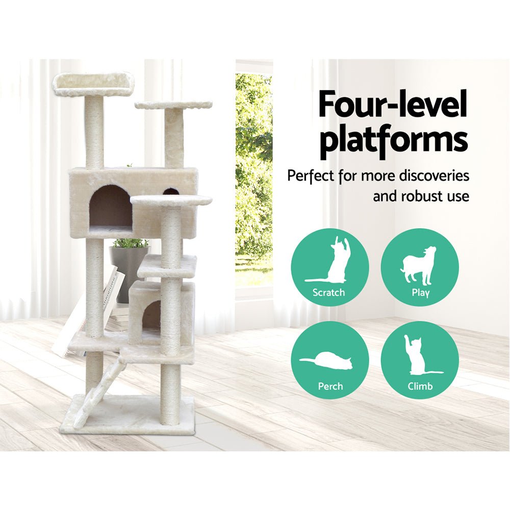 i.Pet Cat Tree 134cm Trees Scratching Post Scratcher Tower Condo House Furniture Wood Beige - DogsDomain.com.au