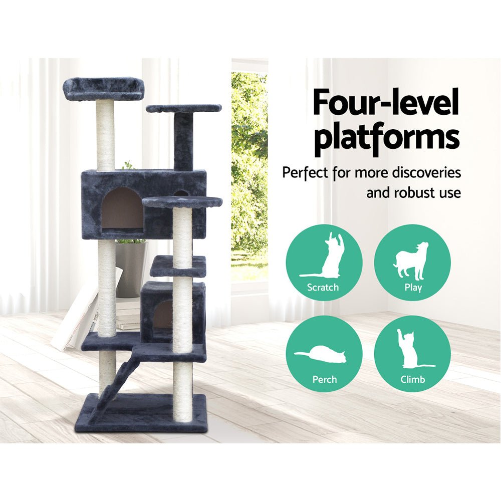i.Pet Cat Tree 134cm Trees Scratching Post Scratcher Tower Condo House Furniture Wood Grey - DogsDomain.com.au