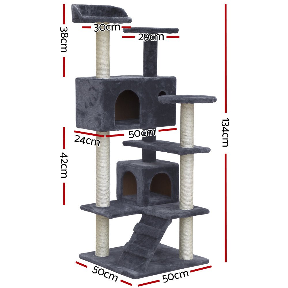 i.Pet Cat Tree 134cm Trees Scratching Post Scratcher Tower Condo House Furniture Wood Grey - DogsDomain.com.au