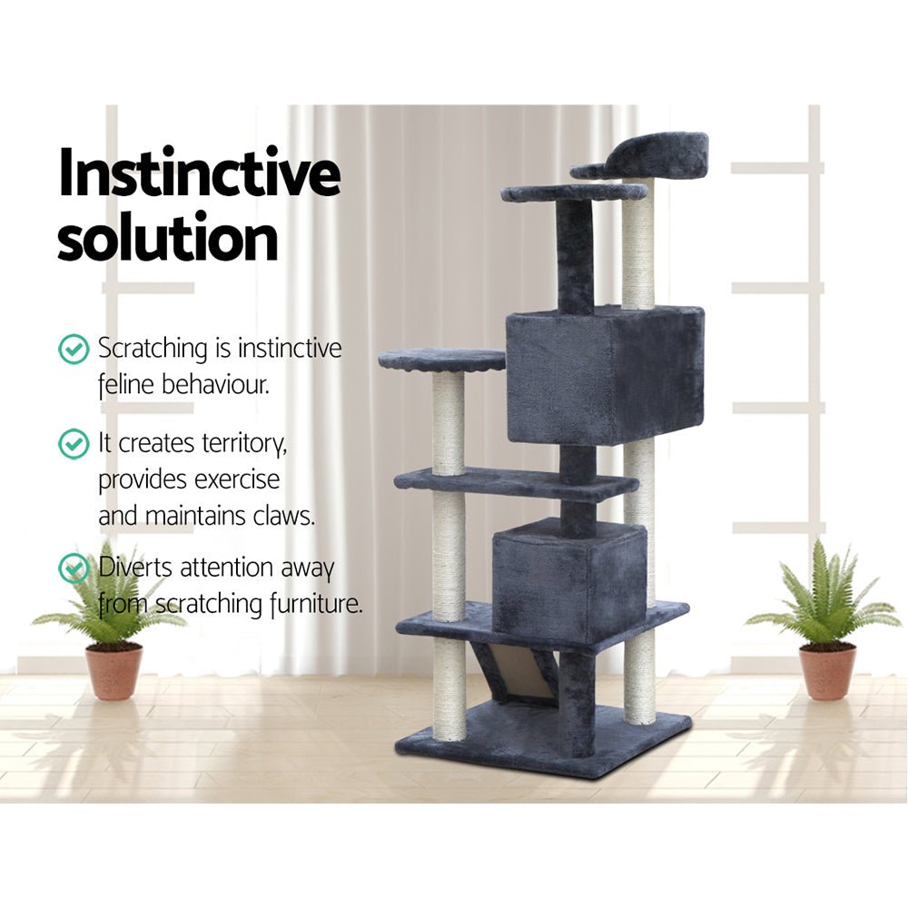 i.Pet Cat Tree 134cm Trees Scratching Post Scratcher Tower Condo House Furniture Wood Grey - DogsDomain.com.au