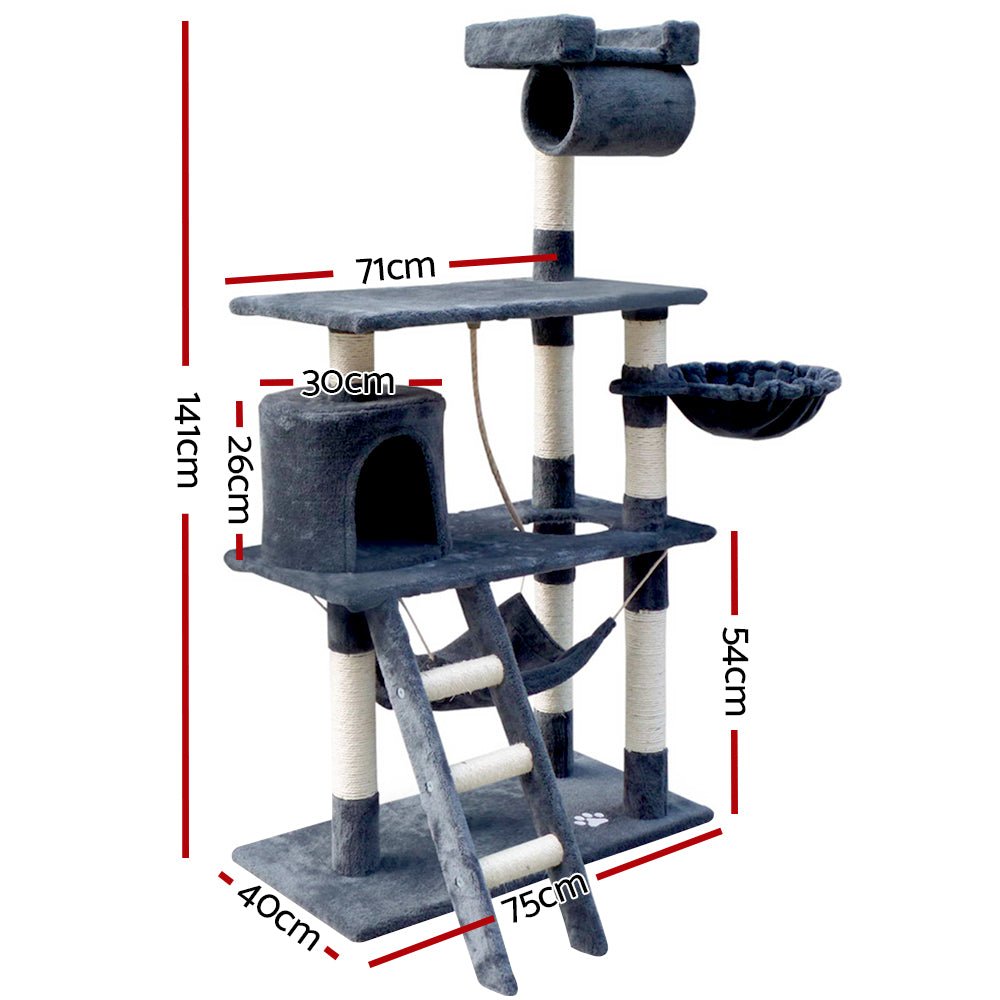 i.Pet Cat Tree 141cm Trees Scratching Post Scratcher Tower Condo House Furniture Wood - DogsDomain.com.au