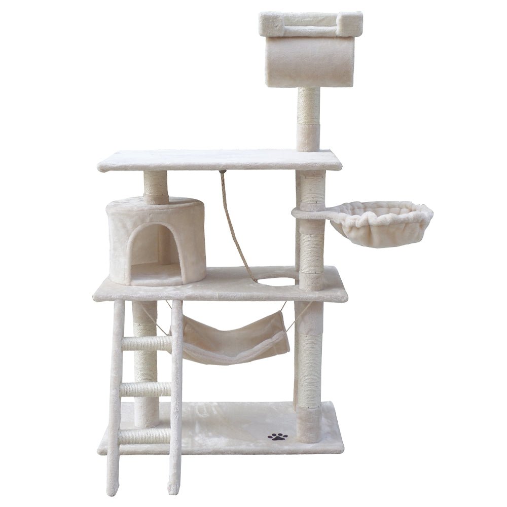 i.Pet Cat Tree 141cm Trees Scratching Post Scratcher Tower Condo House Furniture Wood Beige - DogsDomain.com.au