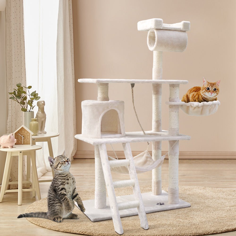 i.Pet Cat Tree 141cm Trees Scratching Post Scratcher Tower Condo House Furniture Wood Beige - DogsDomain.com.au