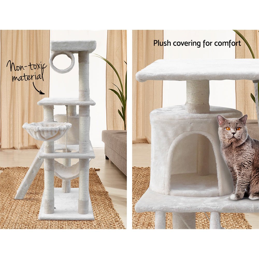 i.Pet Cat Tree 141cm Trees Scratching Post Scratcher Tower Condo House Furniture Wood Beige - DogsDomain.com.au