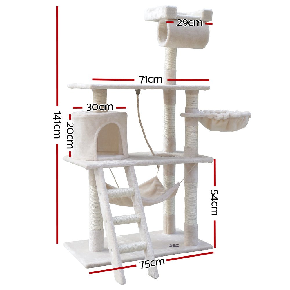 i.Pet Cat Tree 141cm Trees Scratching Post Scratcher Tower Condo House Furniture Wood Beige - DogsDomain.com.au