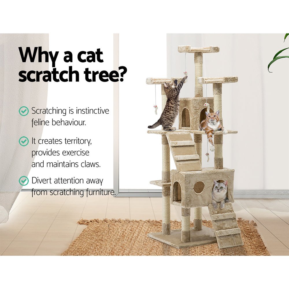 i.Pet Cat Tree 180cm Trees Scratching Post Scratcher Tower Condo House Furniture Wood Beige - DogsDomain.com.au