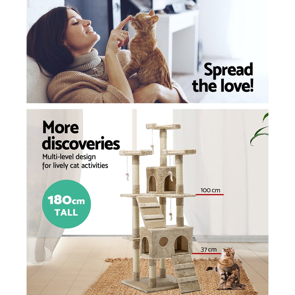 i.Pet Cat Tree 180cm Trees Scratching Post Scratcher Tower Condo House Furniture Wood Beige - DogsDomain.com.au