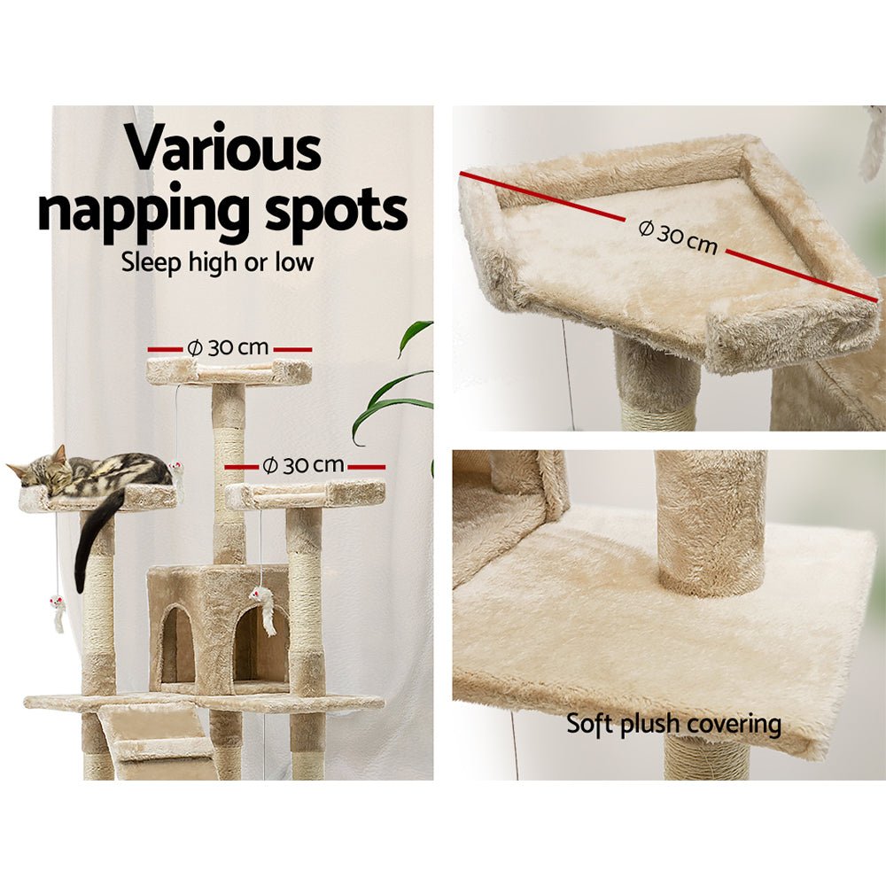 i.Pet Cat Tree 180cm Trees Scratching Post Scratcher Tower Condo House Furniture Wood Beige - DogsDomain.com.au