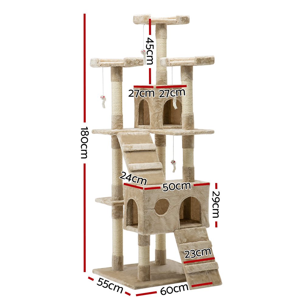 i.Pet Cat Tree 180cm Trees Scratching Post Scratcher Tower Condo House Furniture Wood Beige - DogsDomain.com.au
