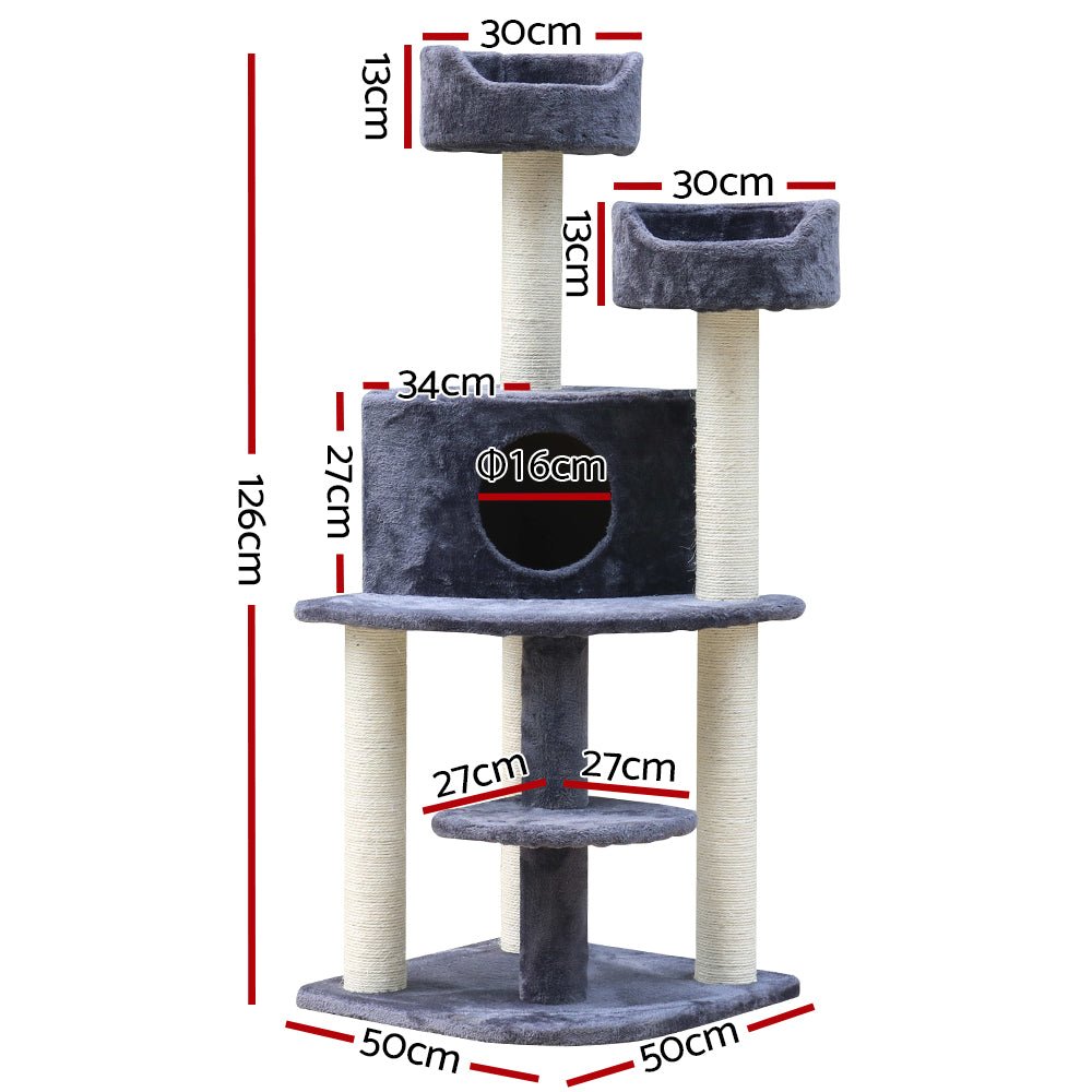 i.Pet Cat Tree Trees Scratching Post Scratcher Tower Condo House Grey 126cm - DogsDomain.com.au