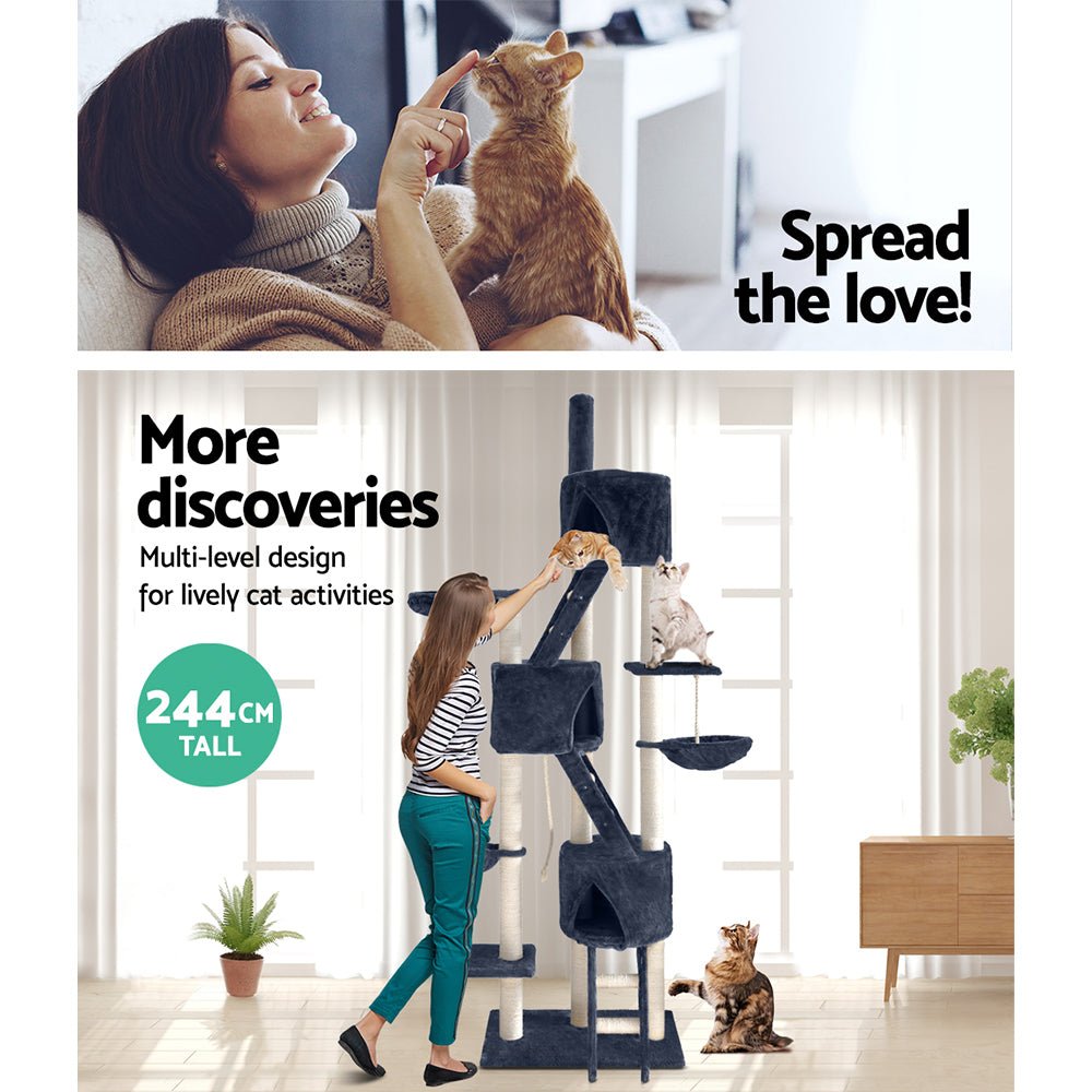 i.Pet Cat Tree Trees Scratching Post Scratcher Tower Condo House Grey 244cm - DogsDomain.com.au