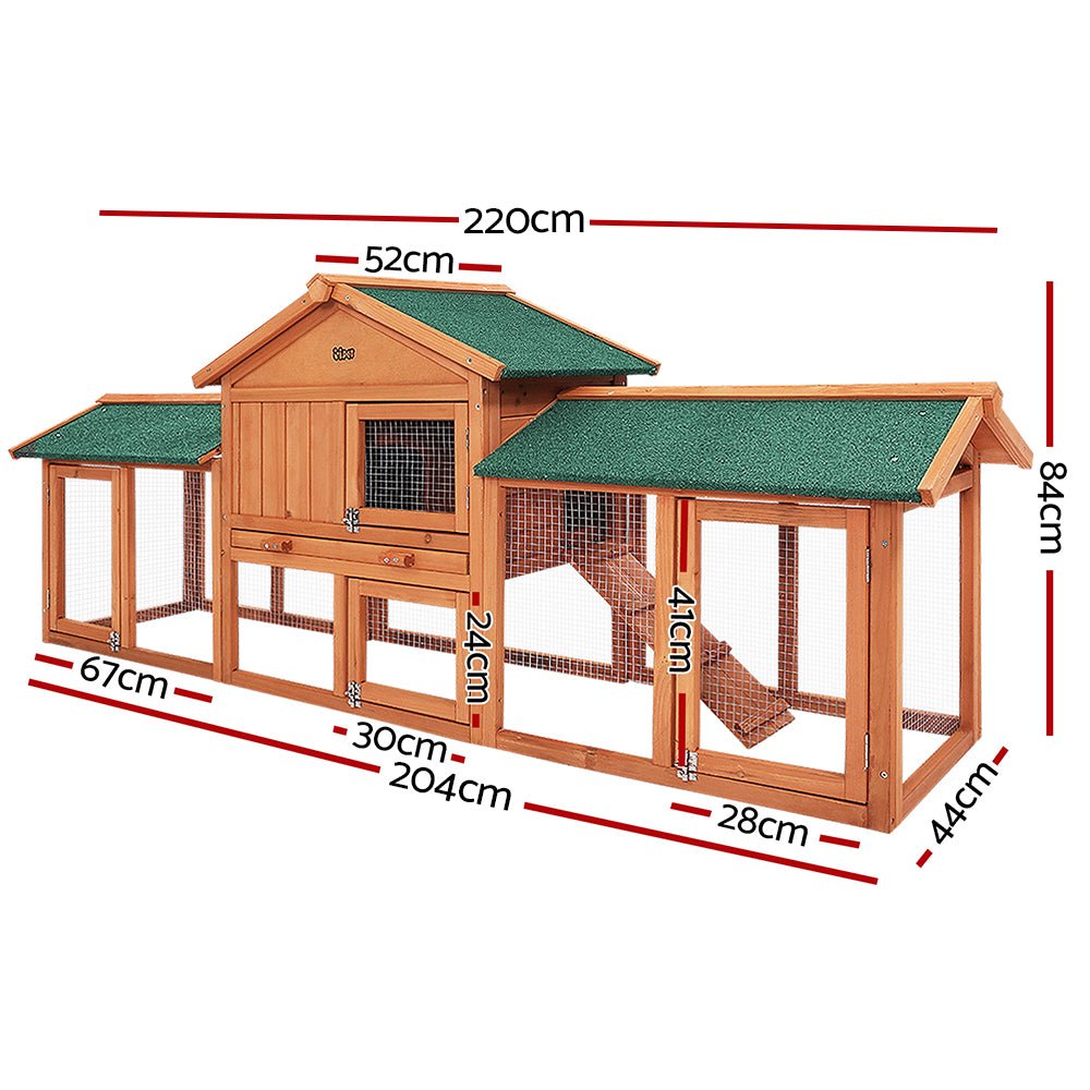 i.Pet Rabbit Hutch Chicken Coop Wooden Cage Pet Hutch 220cm x 52cm x 84cm - DogsDomain.com.au