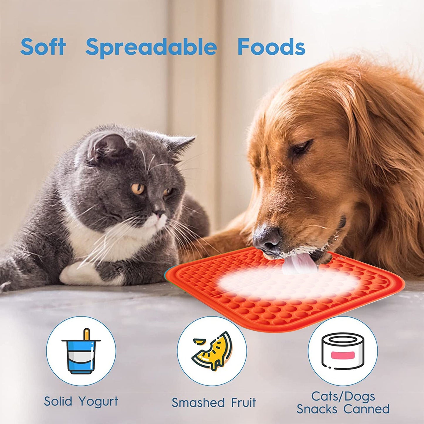 Pawfriends 3in1 Silicone Pet Lick Mat Cat Puppy Dog Slow Feeder Grooming Helper Mat Orange - DogsDomain.com.au
