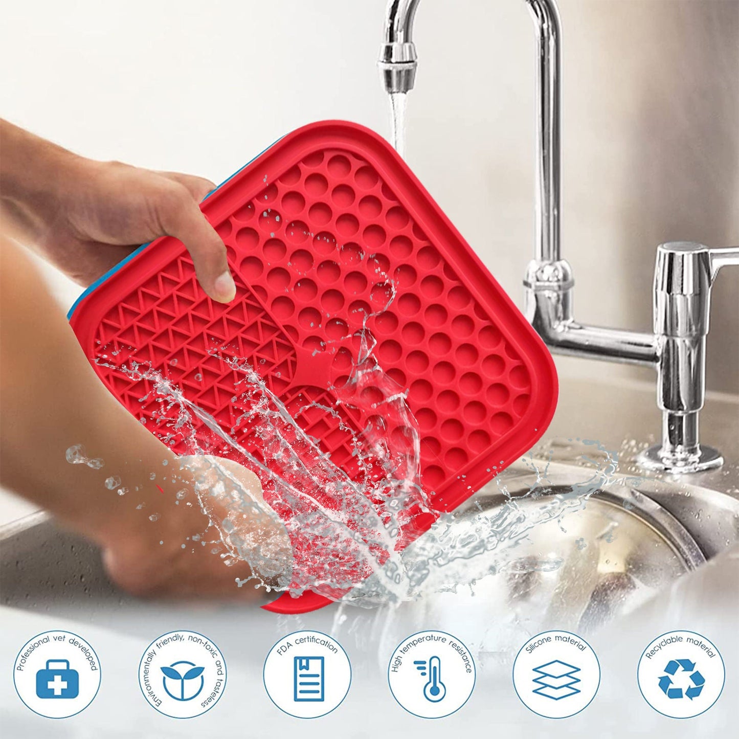 Pawfriends 3in1 Silicone Pet Lick Mat Cat Puppy Dog Slow Feeder Grooming Helper Mat Red - DogsDomain.com.au