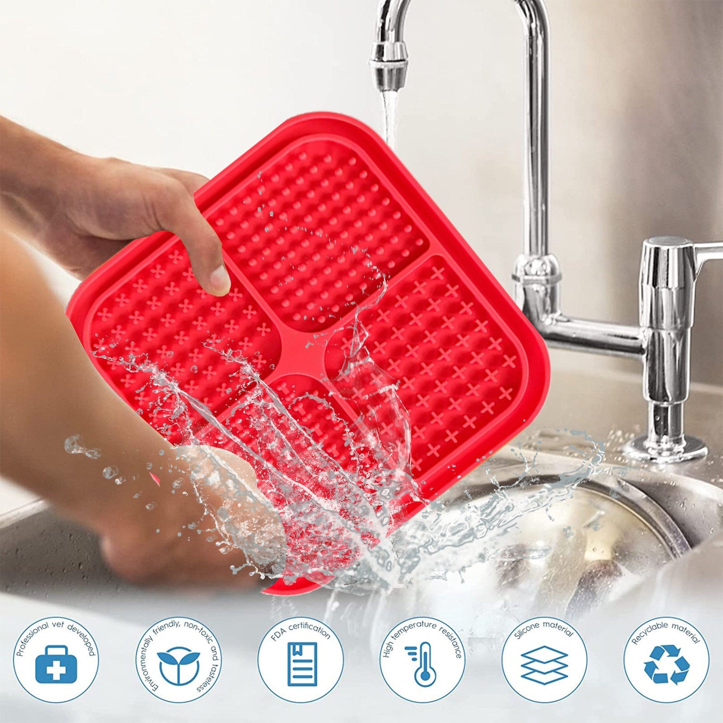 Pawfriends 4in1 Silicone Pet Lick Mat Cat Puppy Dog Slow Feeder Grooming Helper Mat Red - DogsDomain.com.au