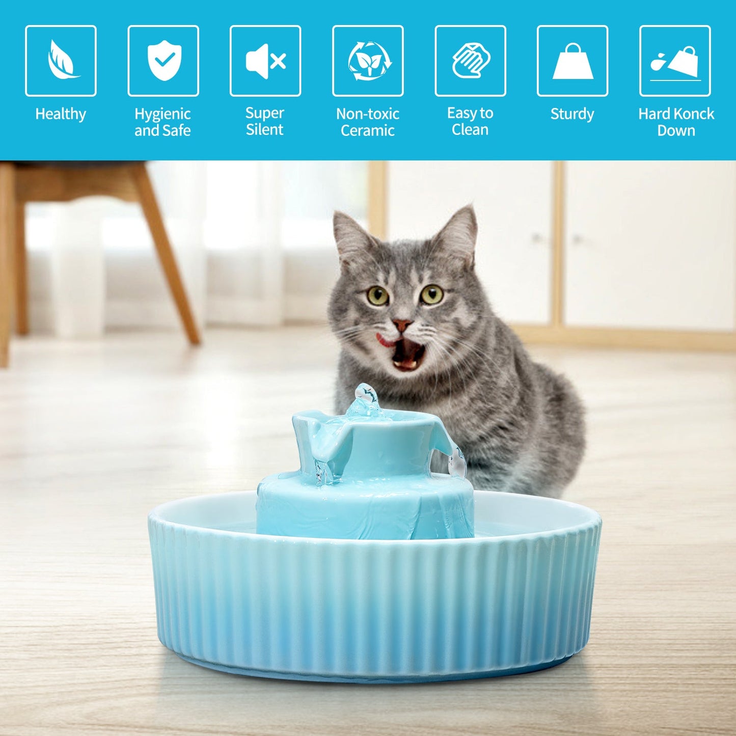 YES4PETS Blue Ceramic Electric Pet Water Fountain Dog Cat Water Feeder Bowl Dispenser - DogsDomain.com.au