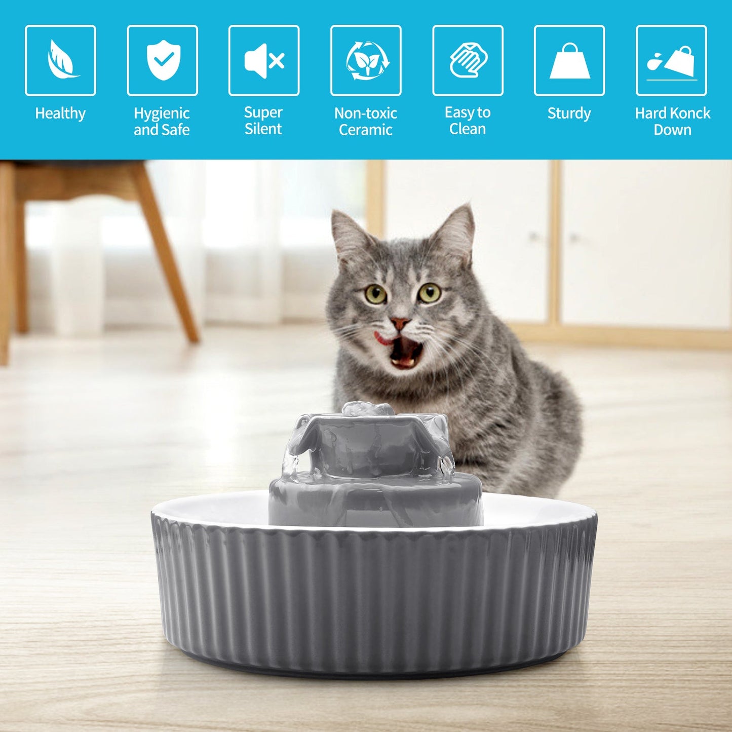 YES4PETS Grey Ceramic Electric Pet Water Fountain Dog Cat Water Feeder Bowl Dispenser - DogsDomain.com.au