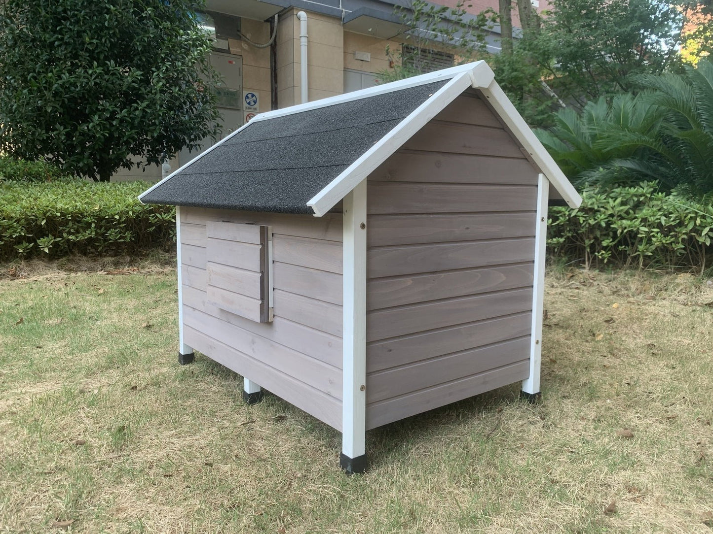 YES4PETS L Timber Pet Dog Kennel House Puppy Wooden Timber Cabin With Stripe Grey - DogsDomain.com.au