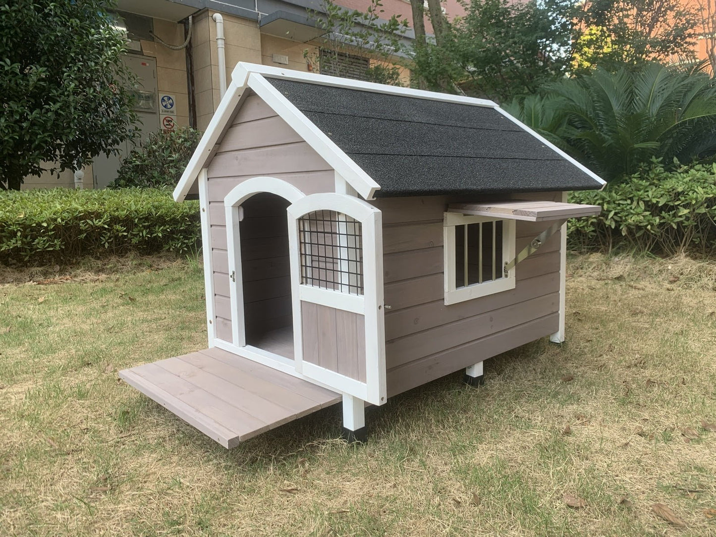 YES4PETS L Timber Pet Dog Kennel House Puppy Wooden Timber Cabin With Stripe Grey - DogsDomain.com.au