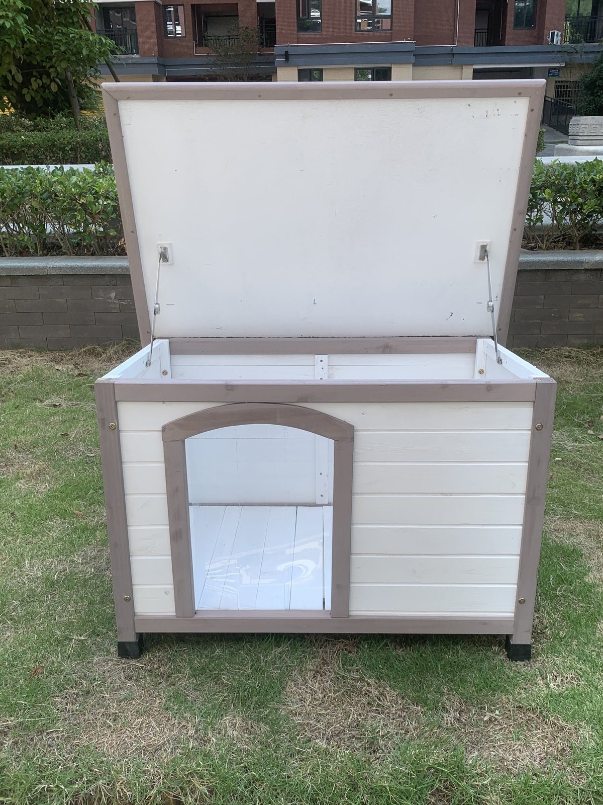 YES4PETS M Timber Pet Dog Kennel House Puppy Wooden Timber Cabin With Stripe White - DogsDomain.com.au