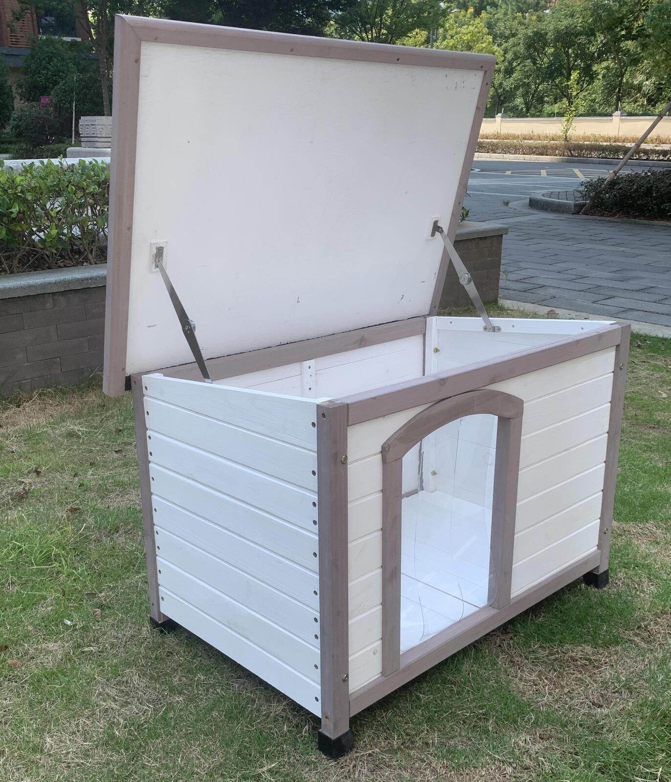 YES4PETS M Timber Pet Dog Kennel House Puppy Wooden Timber Cabin With Stripe White - DogsDomain.com.au