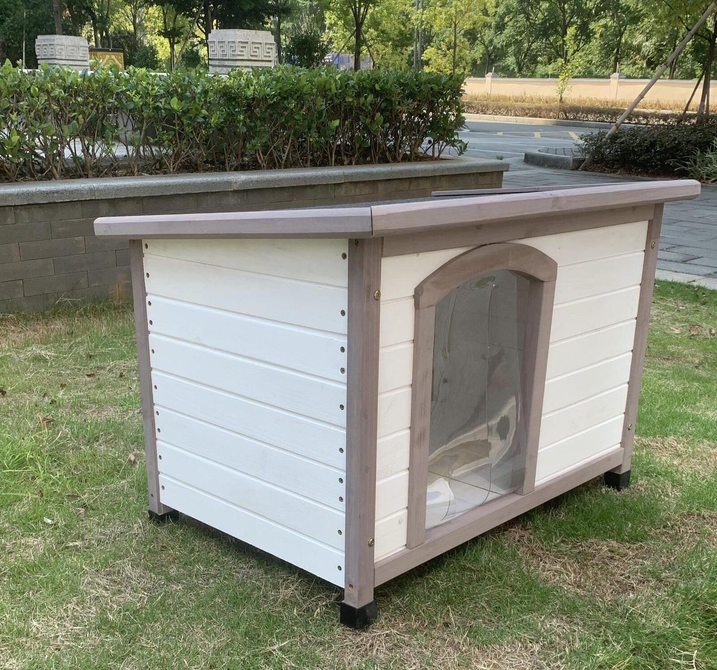 YES4PETS M Timber Pet Dog Kennel House Puppy Wooden Timber Cabin With Stripe White - DogsDomain.com.au