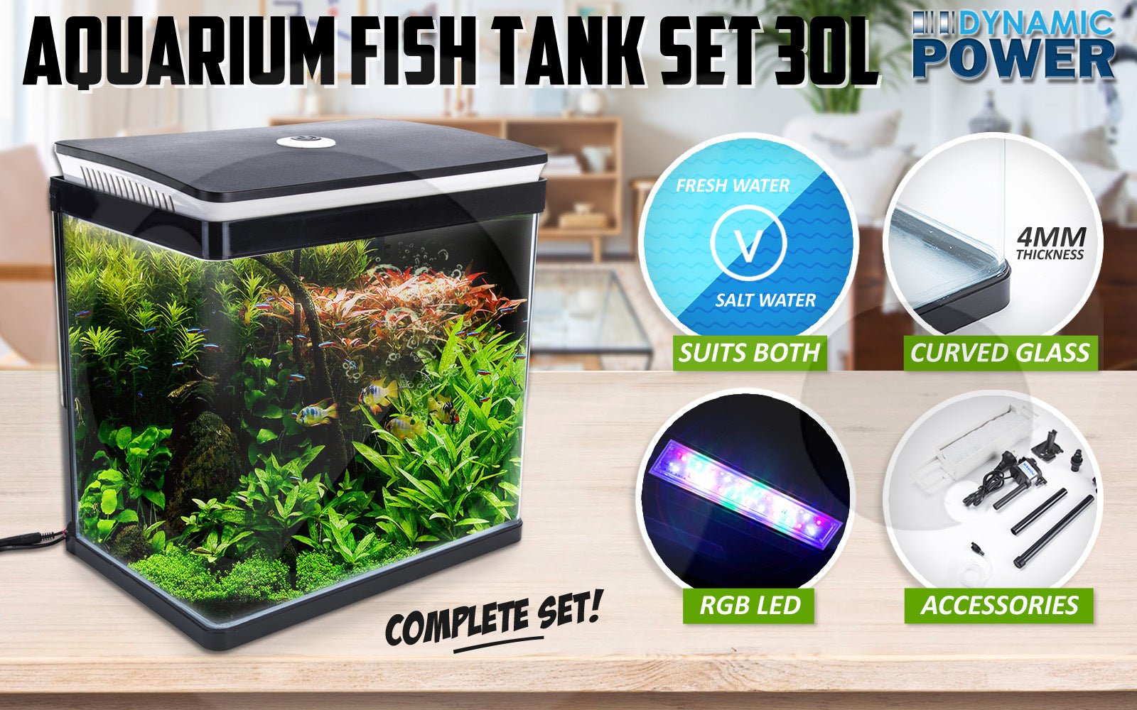 Dynamic Power Aquarium Fish Tank 30L Curved Glass RGB LED - DogsDomain.com.au
