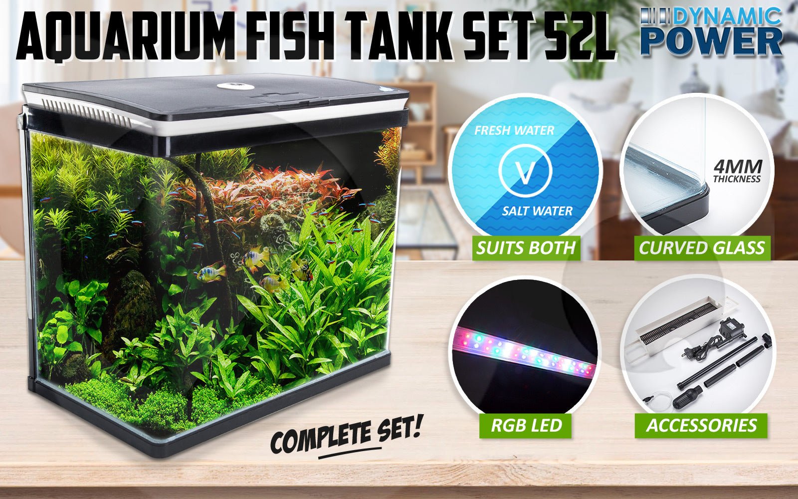 Dynamic Power Aquarium Fish Tank 52L Curved Glass RGB LED - DogsDomain.com.au