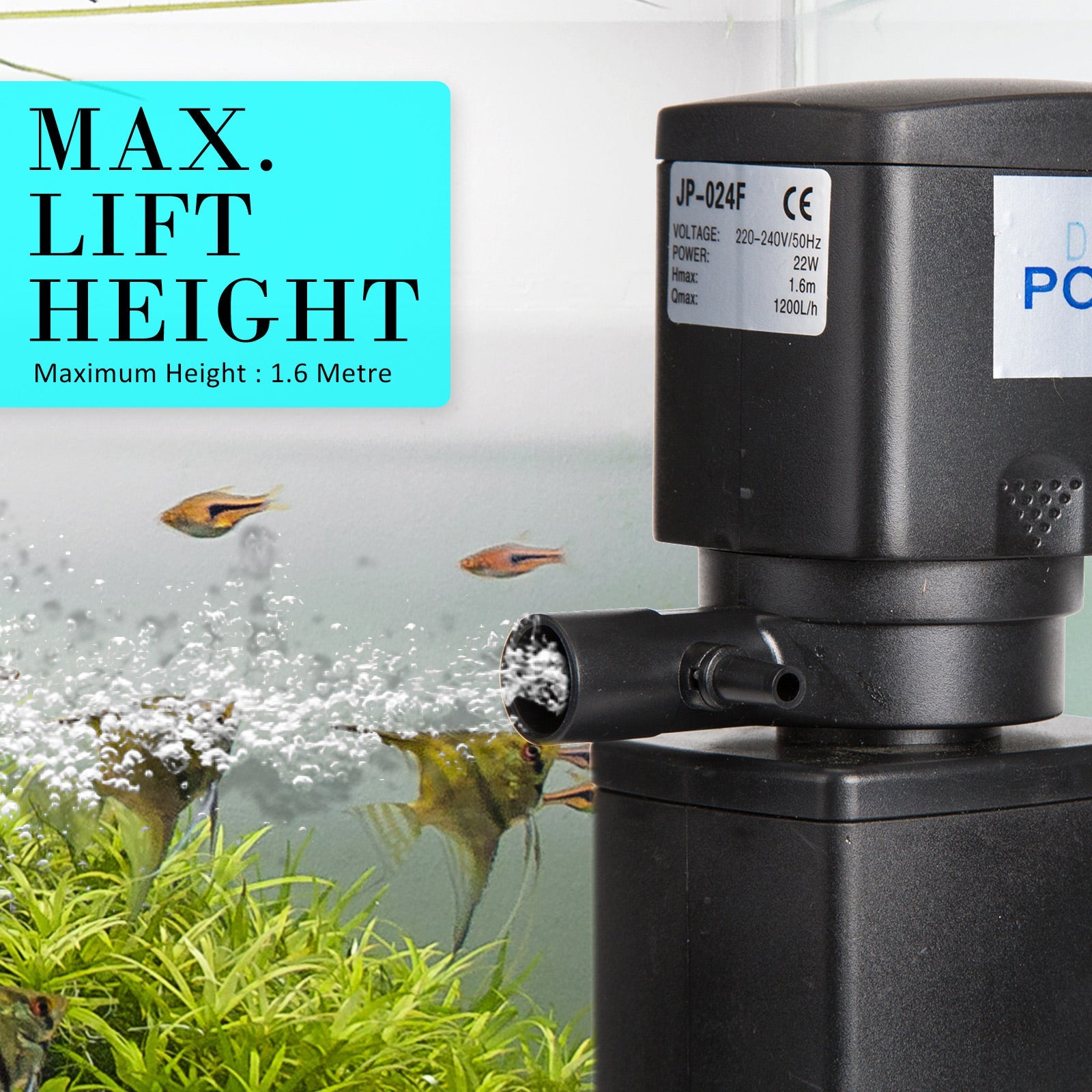 Dynamic Power Aquarium Submersible Filter 1200L/H 22W 1.6m Pond Pump - DogsDomain.com.au