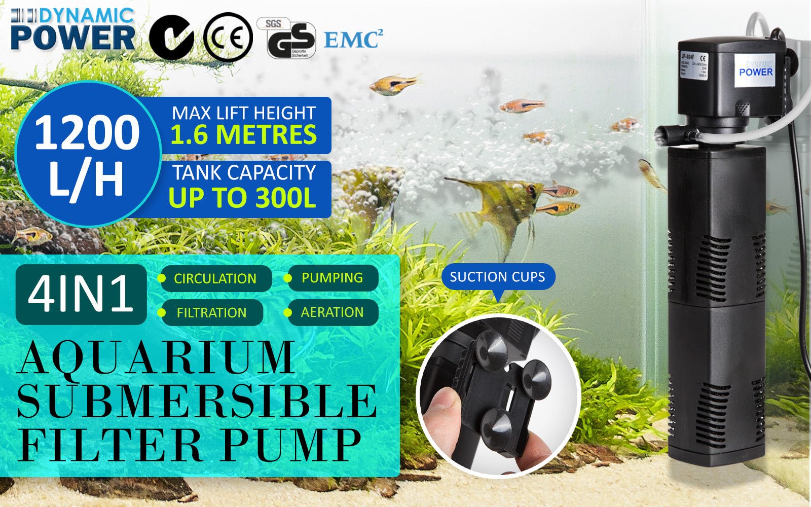 Dynamic Power Aquarium Submersible Filter 1200L/H 22W 1.6m Pond Pump - DogsDomain.com.au
