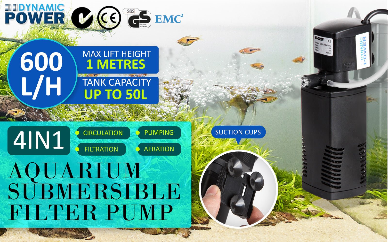 Dynamic Power Aquarium Submersible Filter 600L/H 8W 1m Pond Pump - DogsDomain.com.au