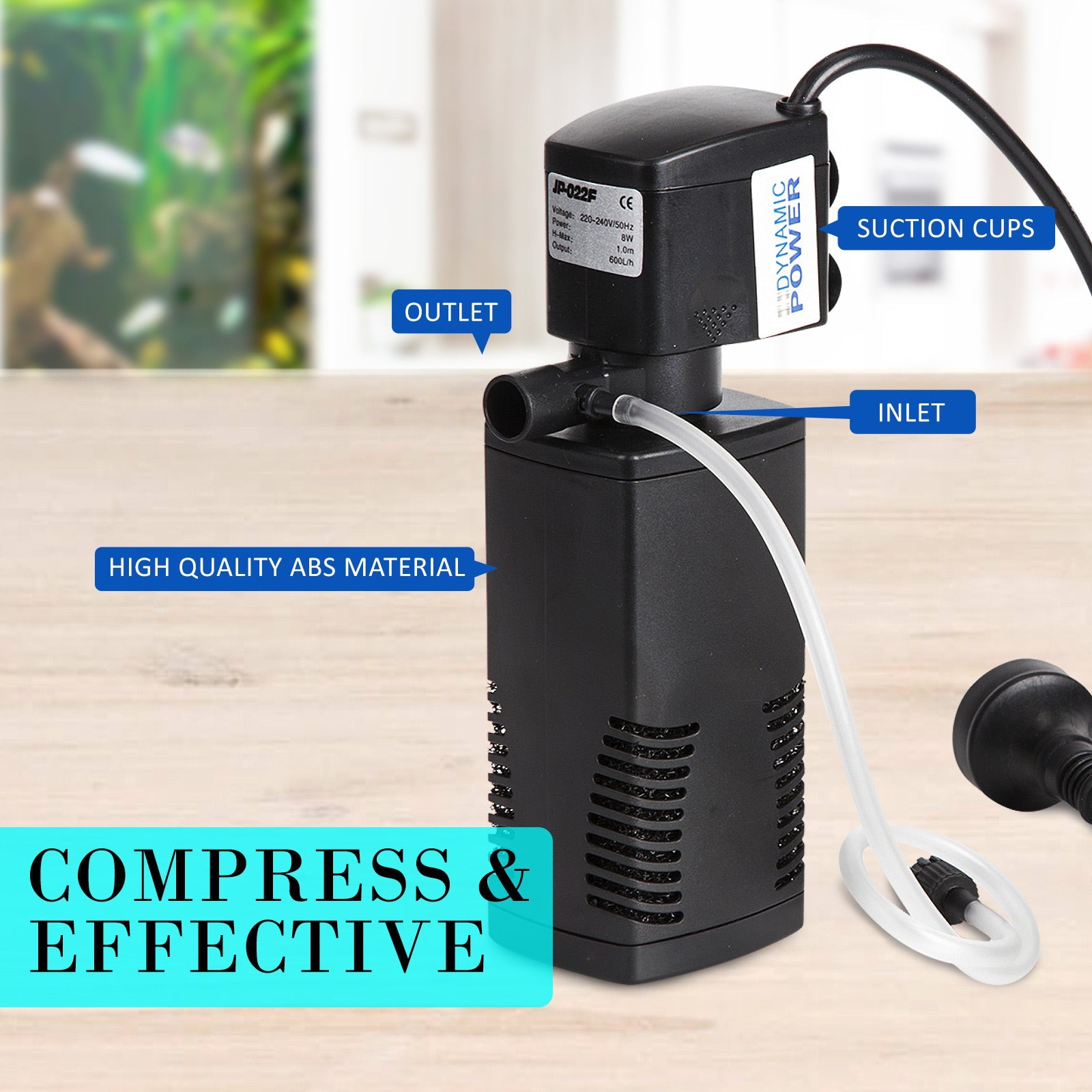 Dynamic Power Aquarium Submersible Filter 600L/H 8W 1m Pond Pump - DogsDomain.com.au