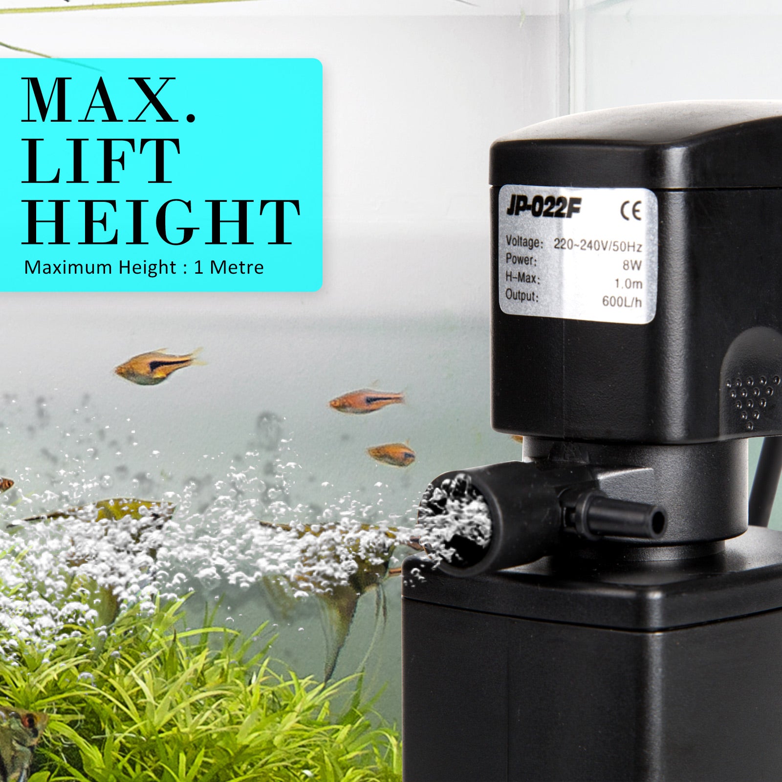 Dynamic Power Aquarium Submersible Filter 600L/H 8W 1m Pond Pump - DogsDomain.com.au