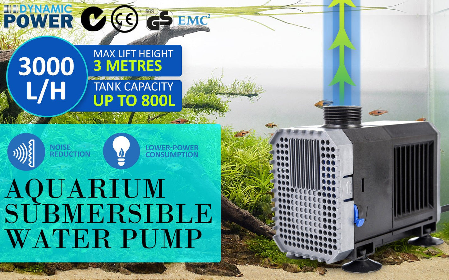 Dynamic Power Aquarium Submersible Water Pump 3000L/H 55W 3m Pond - DogsDomain.com.au