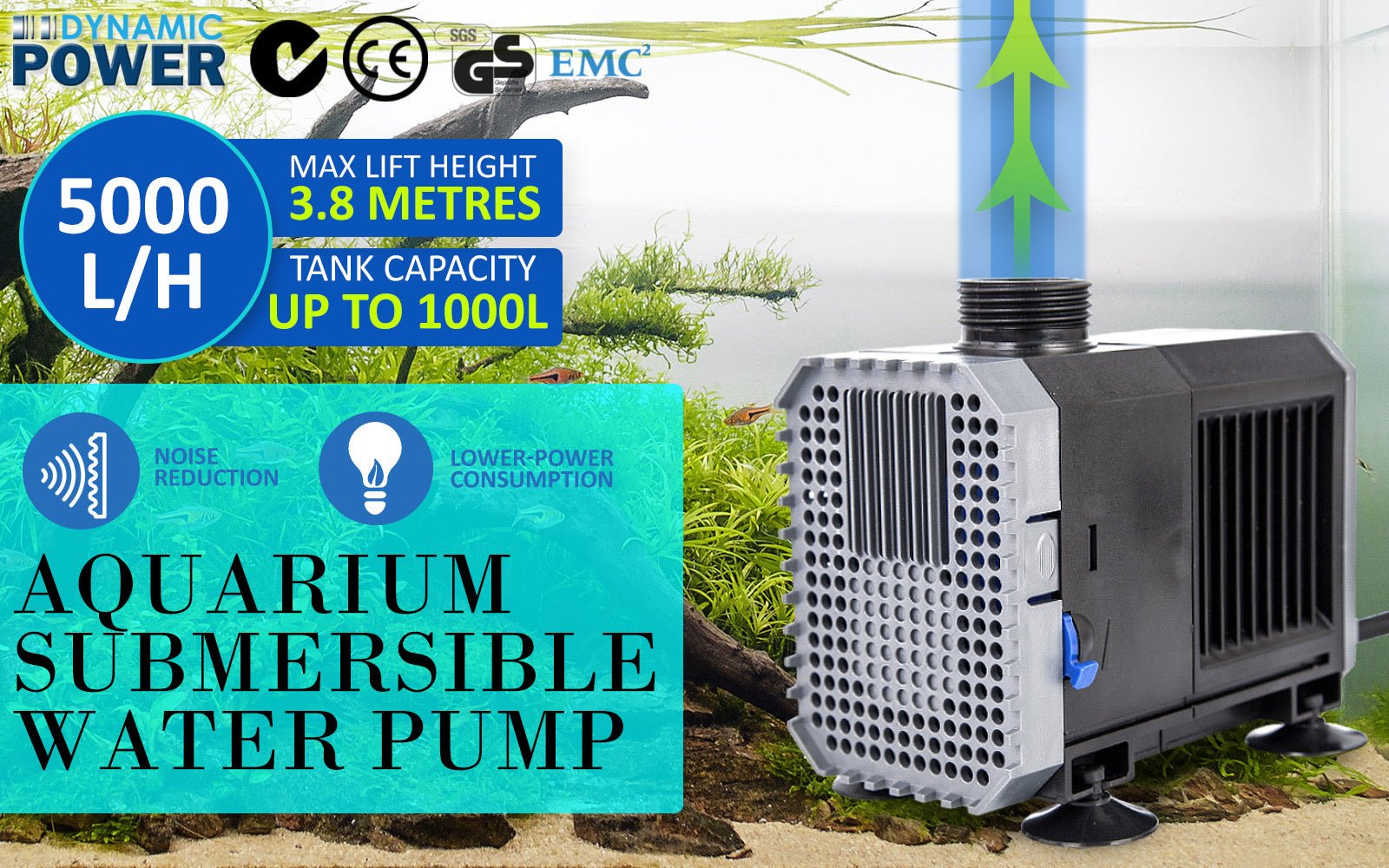 Dynamic Power Aquarium Submersible Water Pump 5000L/H 80W 3.8m Pond - DogsDomain.com.au