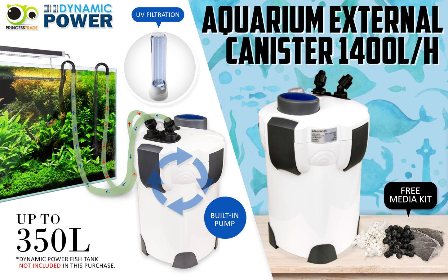 Dynamic Power Aquarium UV Light External Canister Filter 1400L/H + Media Kit - DogsDomain.com.au