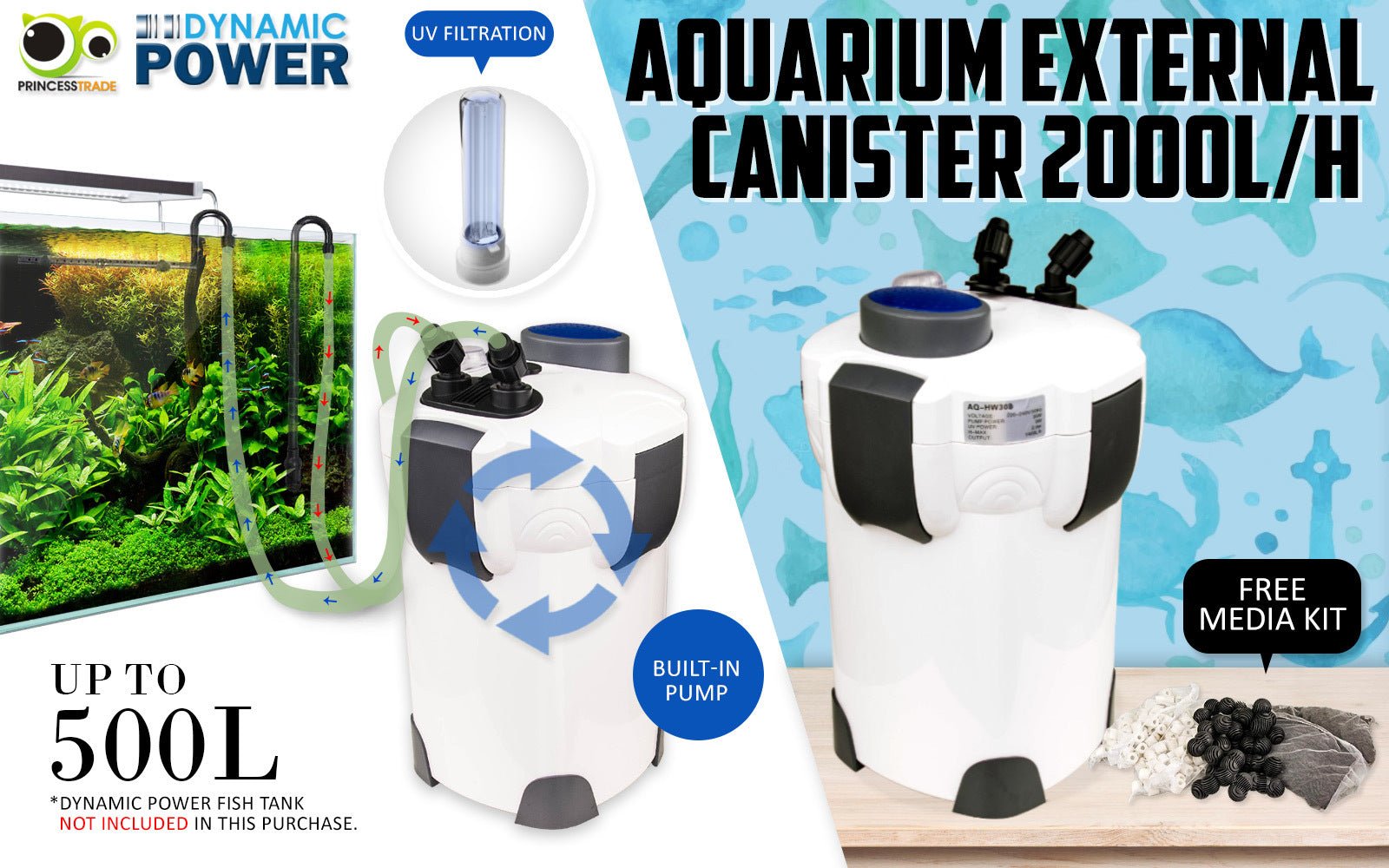 Dynamic Power Aquarium UV Light External Canister Filter 2000L/H + Media Kit - DogsDomain.com.au